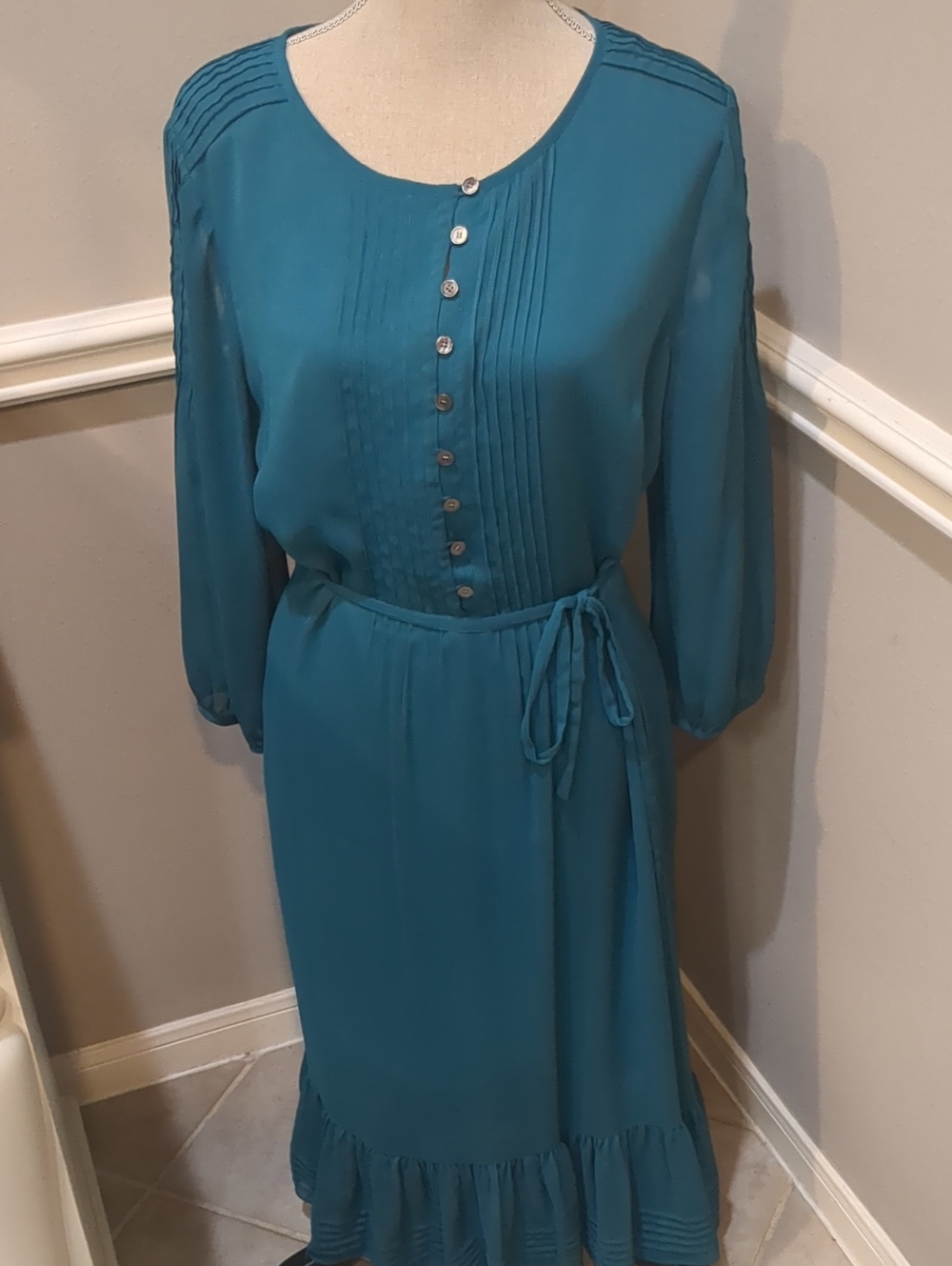 Talbots Teal Button-Front Midi Dress with Waist Tie